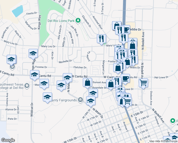 map of restaurants, bars, coffee shops, grocery stores, and more near 109 Fletcher Drive in Del Rio
