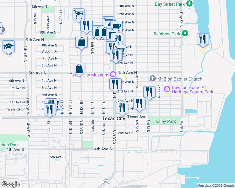 map of restaurants, bars, coffee shops, grocery stores, and more near 210 6th Street South in Texas City