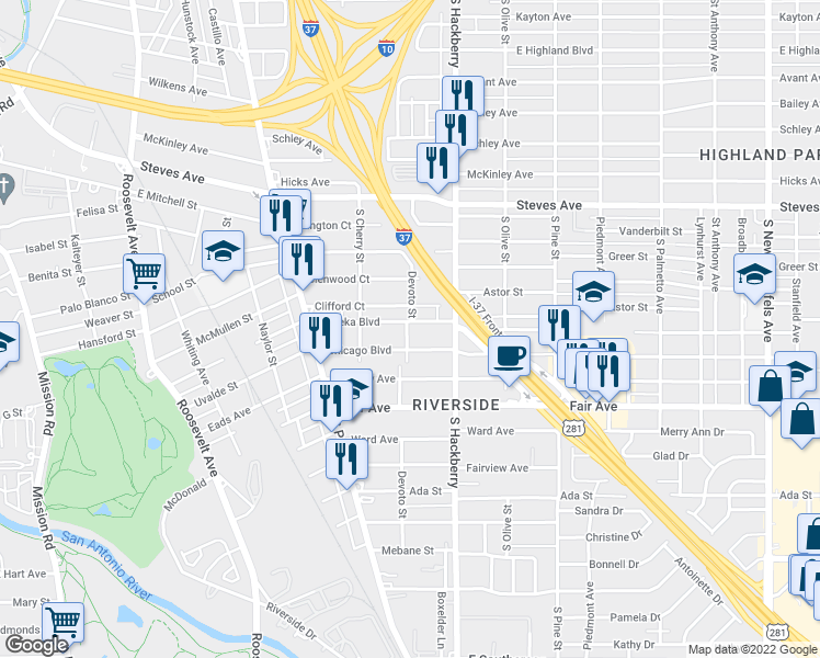map of restaurants, bars, coffee shops, grocery stores, and more near 311 Chicago Boulevard in San Antonio