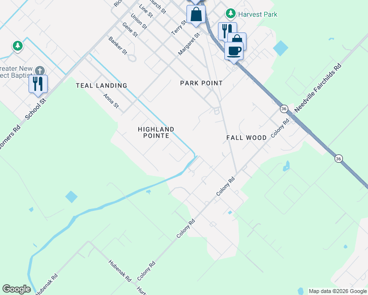map of restaurants, bars, coffee shops, grocery stores, and more near 3807 Willow Breeze Circle in Needville