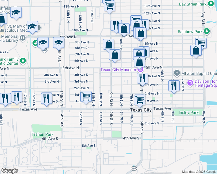 map of restaurants, bars, coffee shops, grocery stores, and more near 917 3rd Avenue North in Texas City