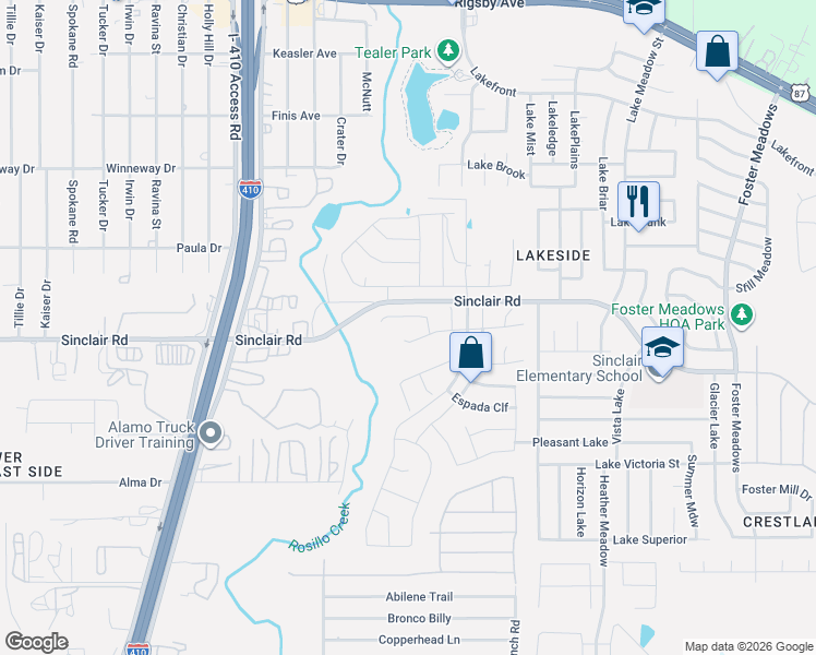 map of restaurants, bars, coffee shops, grocery stores, and more near 3502 Truce Oak in San Antonio