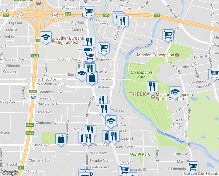 map of restaurants, bars, coffee shops, grocery stores, and more near 1910 Probandt Street in San Antonio