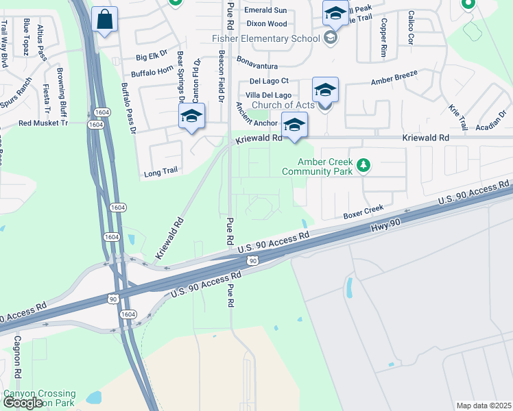 map of restaurants, bars, coffee shops, grocery stores, and more near 2405-2407 Pue Road in San Antonio