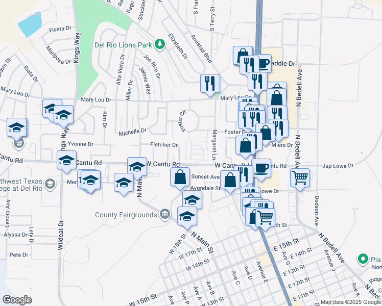 map of restaurants, bars, coffee shops, grocery stores, and more near 109 Fletcher Drive in Del Rio
