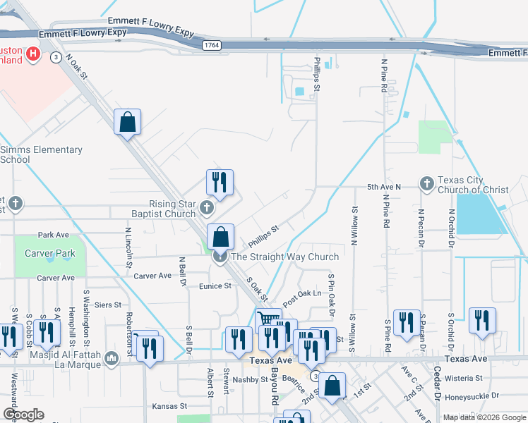 map of restaurants, bars, coffee shops, grocery stores, and more near 5413 Evelyn Street in Texas City