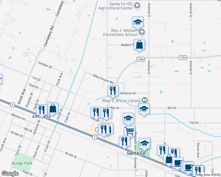 map of restaurants, bars, coffee shops, grocery stores, and more near 13722 Farm to Market Road 1764 in Santa Fe