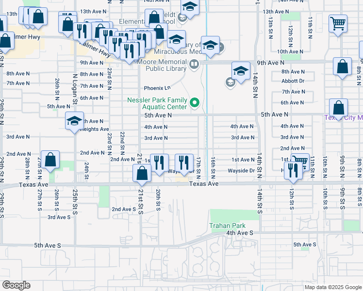 map of restaurants, bars, coffee shops, grocery stores, and more near 1730 2nd Avenue North in Texas City