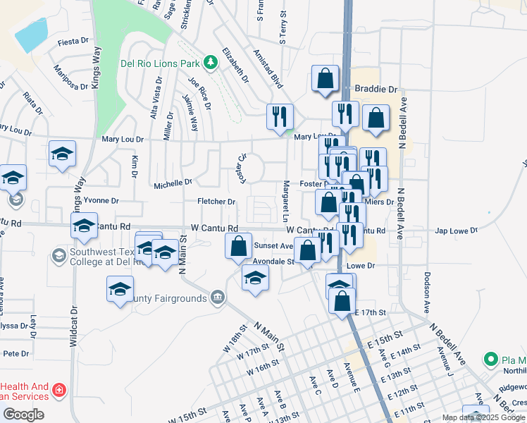 map of restaurants, bars, coffee shops, grocery stores, and more near 104 Margaret Lane in Del Rio