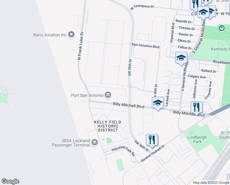 map of restaurants, bars, coffee shops, grocery stores, and more near 913 Billy Mitchell Boulevard in San Antonio