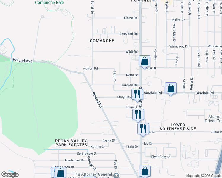 map of restaurants, bars, coffee shops, grocery stores, and more near 115 Mary Helen Drive in San Antonio