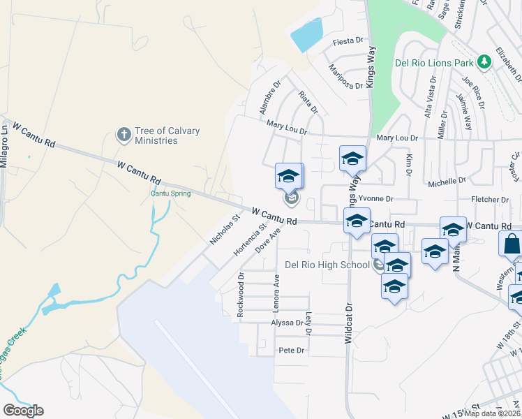 map of restaurants, bars, coffee shops, grocery stores, and more near 1176 West Cantu Road in Del Rio