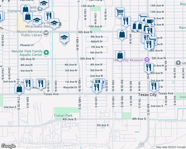 map of restaurants, bars, coffee shops, grocery stores, and more near 1223 2nd Avenue North in Texas City