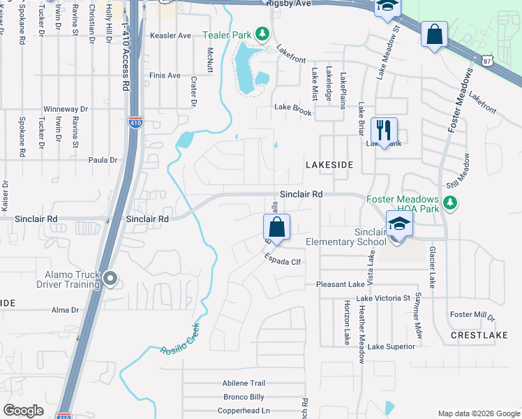 map of restaurants, bars, coffee shops, grocery stores, and more near 3519 Salado Brook in San Antonio