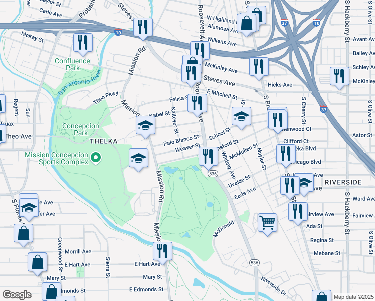 map of restaurants, bars, coffee shops, grocery stores, and more near 543 Hansford Street in San Antonio