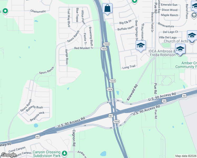 map of restaurants, bars, coffee shops, grocery stores, and more near 88101 East Charles William Anderson Loop in San Antonio