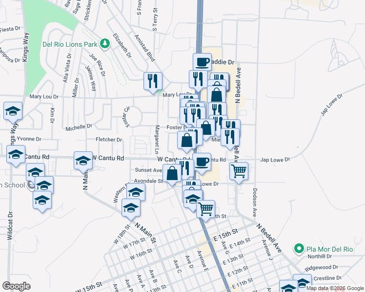 map of restaurants, bars, coffee shops, grocery stores, and more near 117 Trey Dr in Del Rio