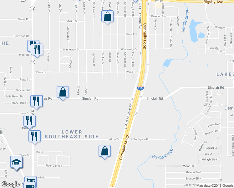 map of restaurants, bars, coffee shops, grocery stores, and more near 5001 Sinclair Road in San Antonio