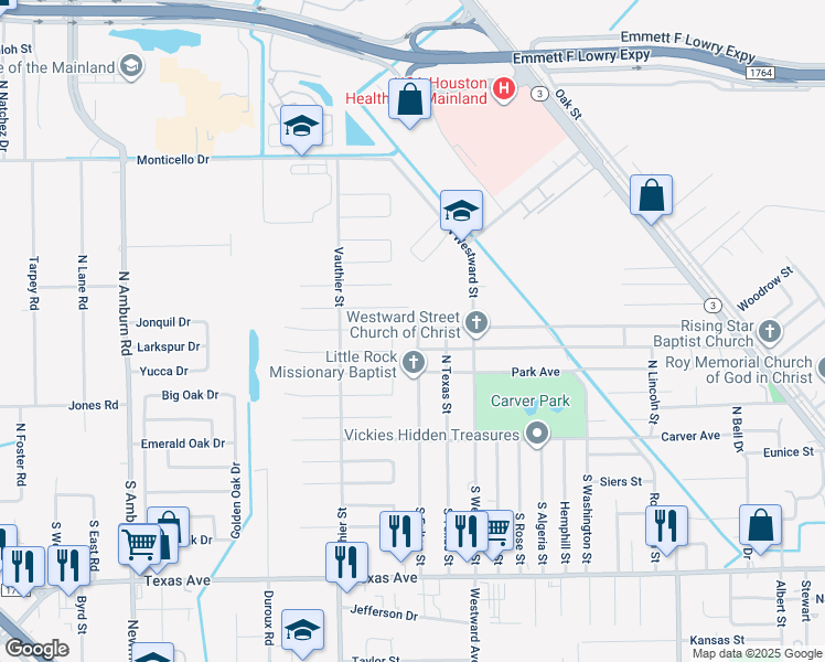 map of restaurants, bars, coffee shops, grocery stores, and more near 319 North Fulton Street in Texas City