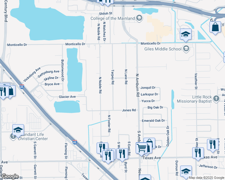 map of restaurants, bars, coffee shops, grocery stores, and more near 301 Tarpey Road in Texas City