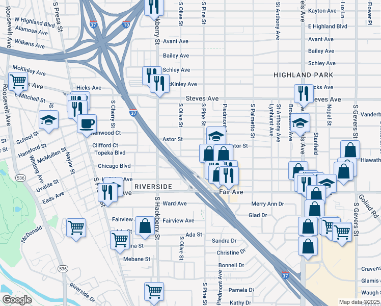 map of restaurants, bars, coffee shops, grocery stores, and more near 522 Topeka Boulevard in San Antonio