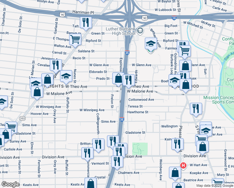 map of restaurants, bars, coffee shops, grocery stores, and more near 403 Cottonwood Avenue in San Antonio