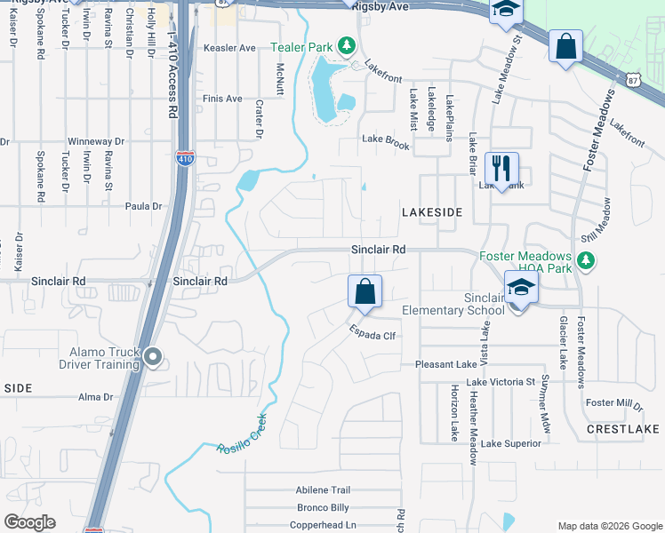 map of restaurants, bars, coffee shops, grocery stores, and more near 3519 Salado Brook in San Antonio