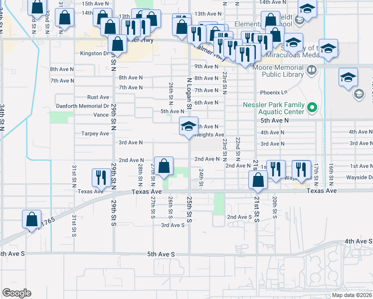 map of restaurants, bars, coffee shops, grocery stores, and more near 202 25th Street North in Texas City