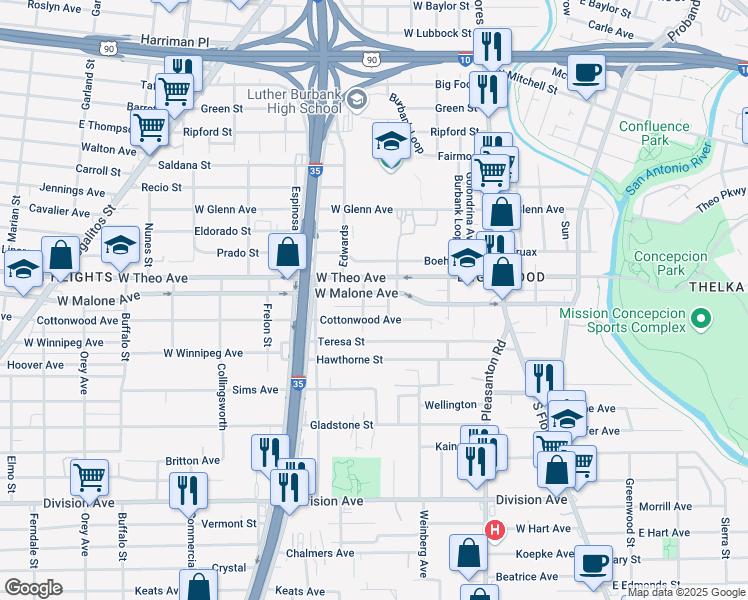 map of restaurants, bars, coffee shops, grocery stores, and more near 223 Cottonwood Avenue in San Antonio