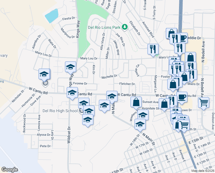 map of restaurants, bars, coffee shops, grocery stores, and more near 601 West Cantu Road in Del Rio