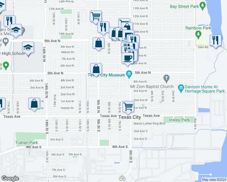 map of restaurants, bars, coffee shops, grocery stores, and more near 719 3rd Avenue North in Texas City