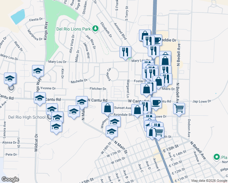 map of restaurants, bars, coffee shops, grocery stores, and more near Royal Way Drive in Del Rio