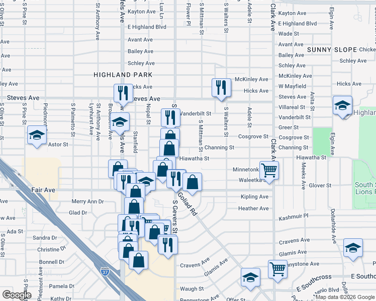 map of restaurants, bars, coffee shops, grocery stores, and more near 2435 Hiawatha Street in San Antonio