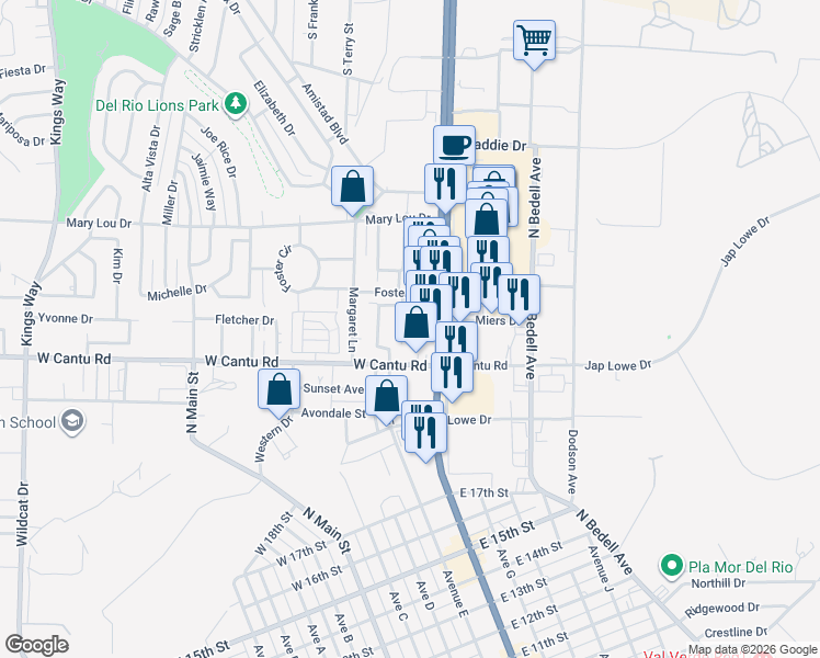 map of restaurants, bars, coffee shops, grocery stores, and more near 117 Trey Dr in Del Rio