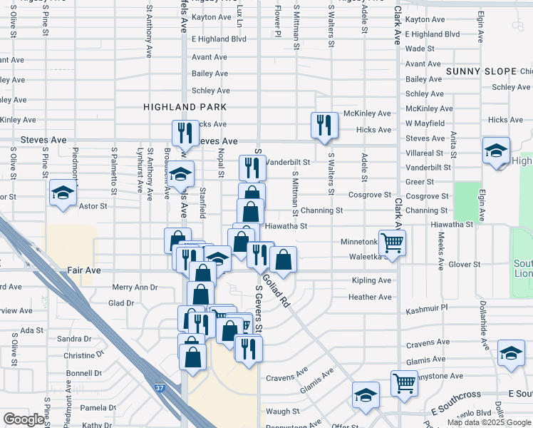 map of restaurants, bars, coffee shops, grocery stores, and more near 3401 South Gevers Street in San Antonio