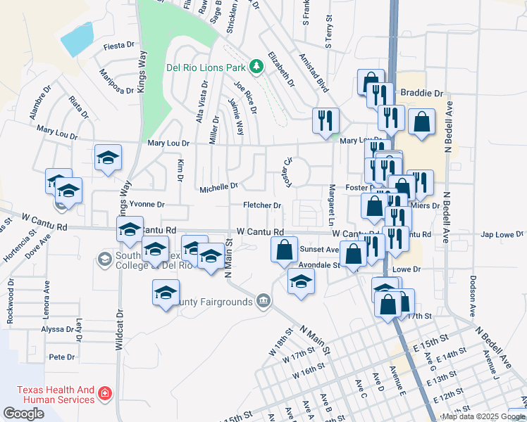 map of restaurants, bars, coffee shops, grocery stores, and more near 112 Center Drive in Del Rio