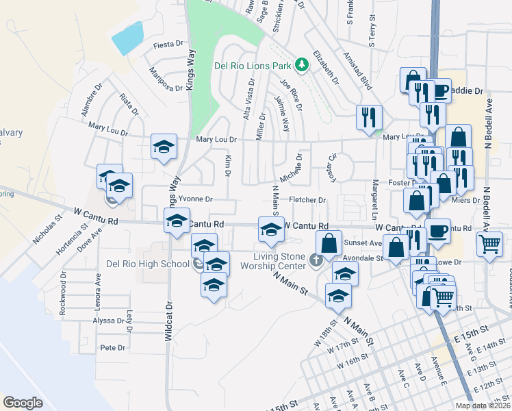 map of restaurants, bars, coffee shops, grocery stores, and more near 601 West Cantu Road in Del Rio