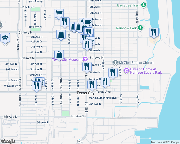 map of restaurants, bars, coffee shops, grocery stores, and more near 210 6th Street South in Texas City