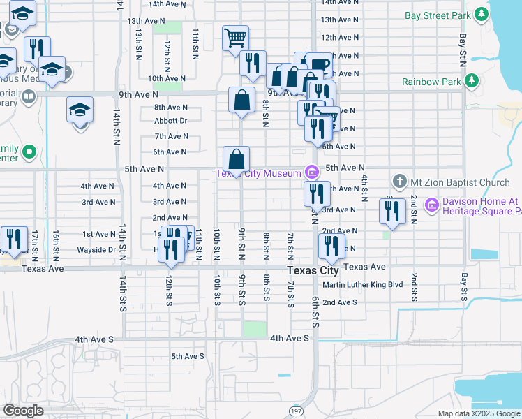 map of restaurants, bars, coffee shops, grocery stores, and more near 820 2nd Avenue North in Texas City