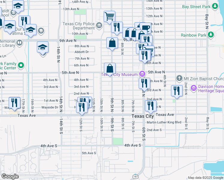 map of restaurants, bars, coffee shops, grocery stores, and more near 820 2nd Avenue North in Texas City