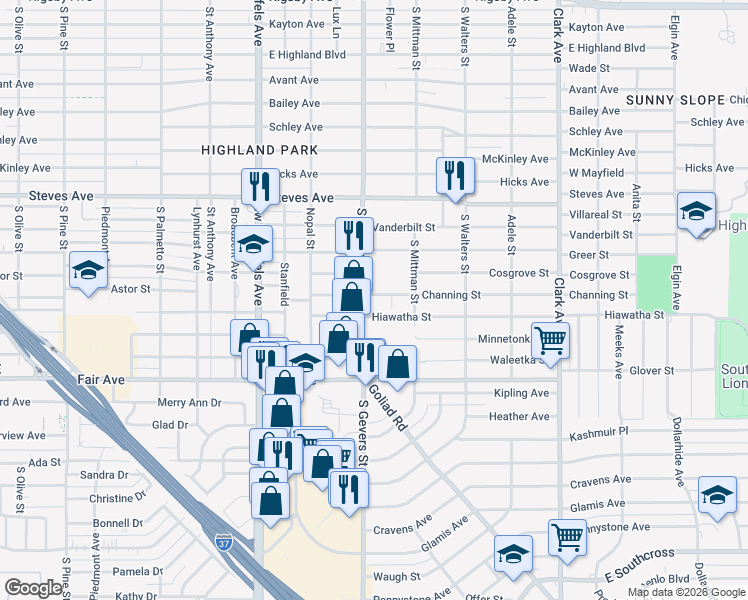 map of restaurants, bars, coffee shops, grocery stores, and more near 3401 South Gevers Street in San Antonio