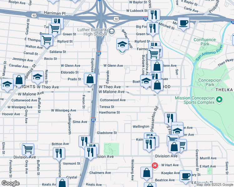 map of restaurants, bars, coffee shops, grocery stores, and more near 223 Cottonwood Avenue in San Antonio
