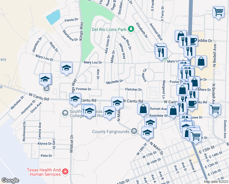 map of restaurants, bars, coffee shops, grocery stores, and more near 102 Shannon Circle in Del Rio
