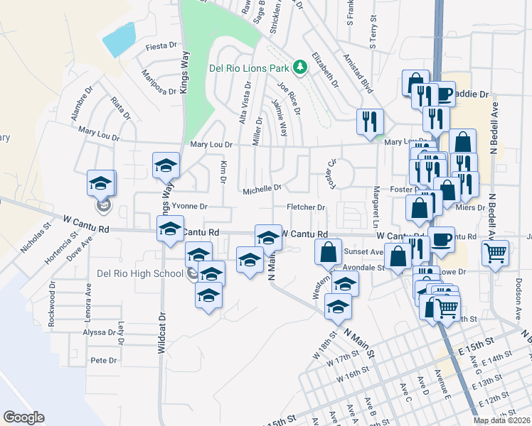 map of restaurants, bars, coffee shops, grocery stores, and more near 601 West Cantu Road in Del Rio