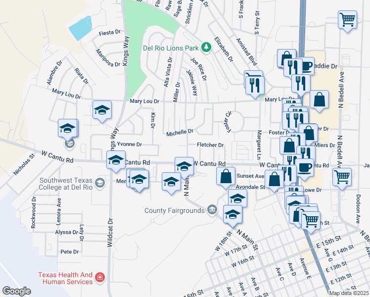 map of restaurants, bars, coffee shops, grocery stores, and more near 100 Shannon Circle in Del Rio