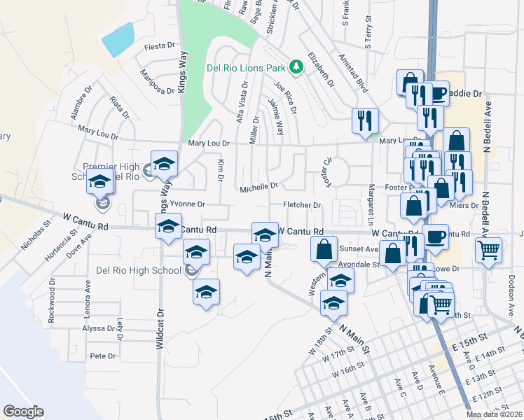 map of restaurants, bars, coffee shops, grocery stores, and more near 101 Shannon Circle in Del Rio