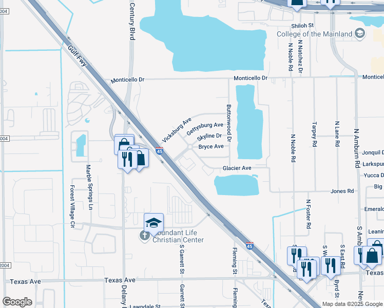 map of restaurants, bars, coffee shops, grocery stores, and more near 305 North Linden Drive in Texas City