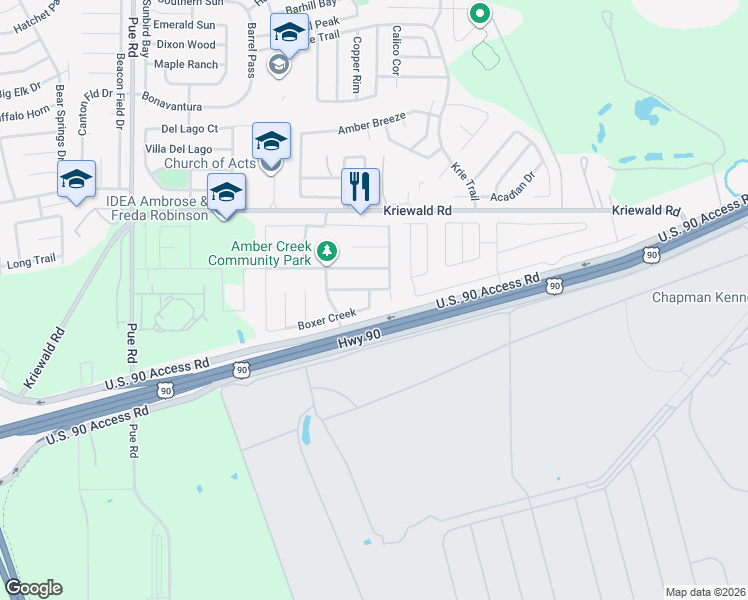 map of restaurants, bars, coffee shops, grocery stores, and more near 4426 Boxer Creek in San Antonio