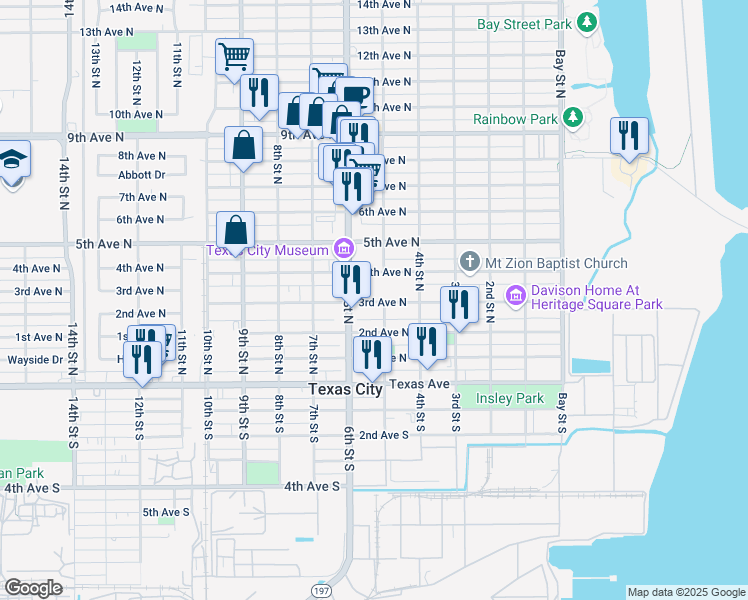 map of restaurants, bars, coffee shops, grocery stores, and more near 210 6th Street South in Texas City