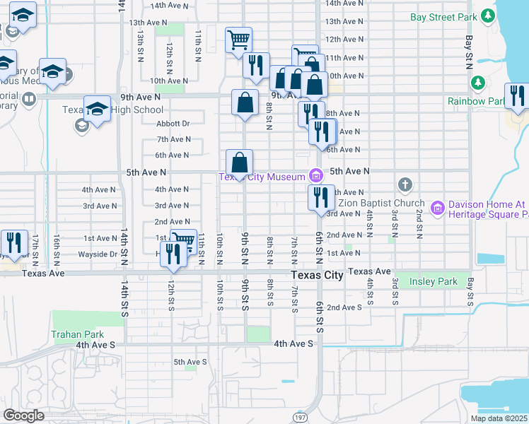 map of restaurants, bars, coffee shops, grocery stores, and more near 820 2nd Avenue North in Texas City